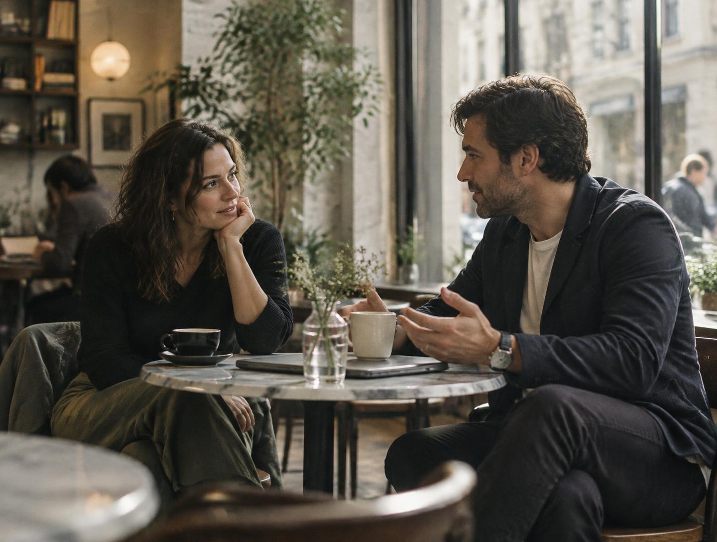 Two professionals in thoughtful conversation at a cafe